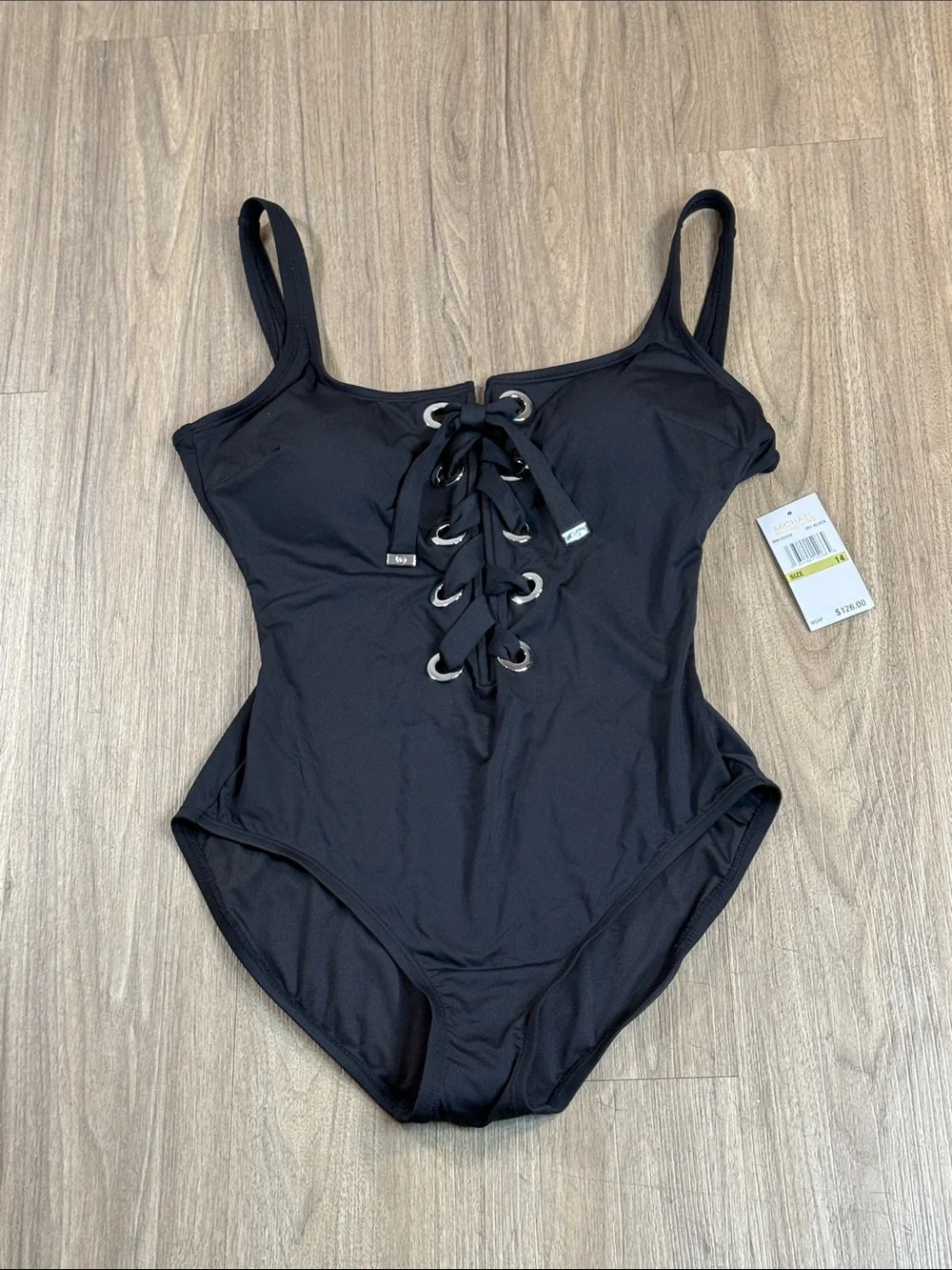 Michael Kors Black Lace-Up One-Piece Swimsuit - Silver Accents, Size 14